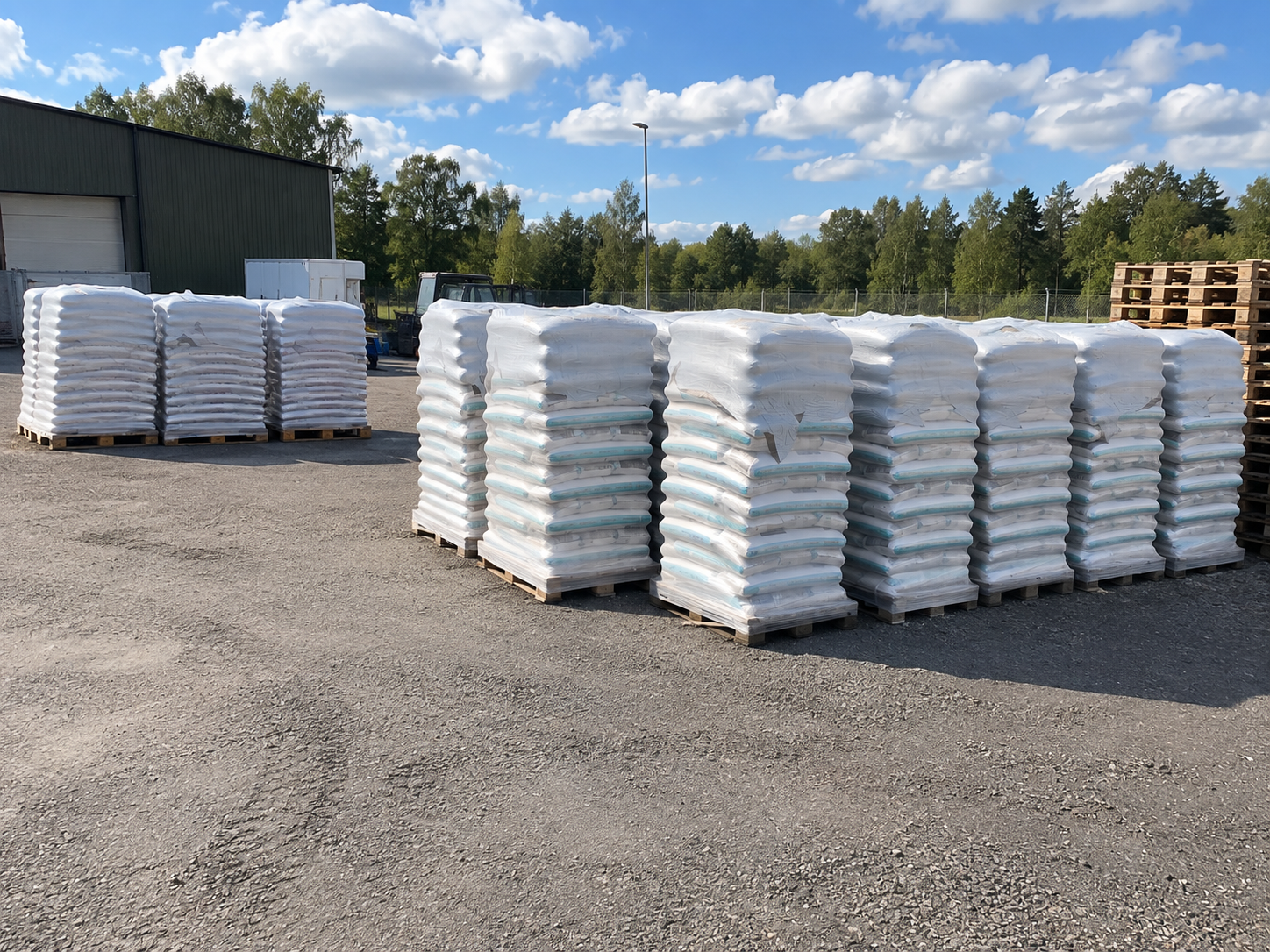 Pallar med pellets på lagergård